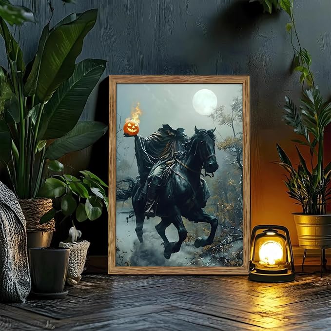Vintage Framed Halloween Wall Art, Gothic Headless Horseman Pumpkin Picture Poster, Spooky Fall Forest Canvas Prints, Dark Academia Halloween Wall Decor for Living Room Bedroom 12x16 inch