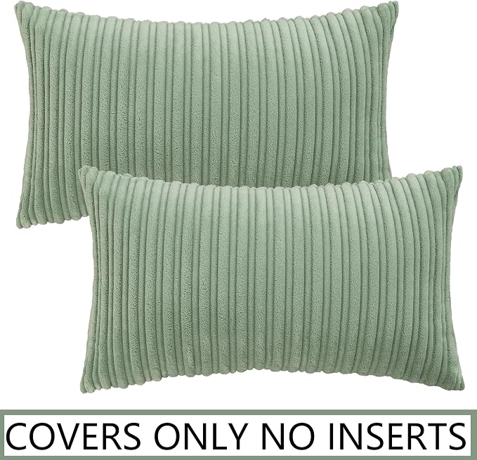 UGASA Velvet 12x20 Inch Lumbar Soft Throw Pillow Covers Corduroy Striped Solid Rectangular Cushion Cases Boho for Couch Bedroom Sofa Home, Pack of 2, Sage Green