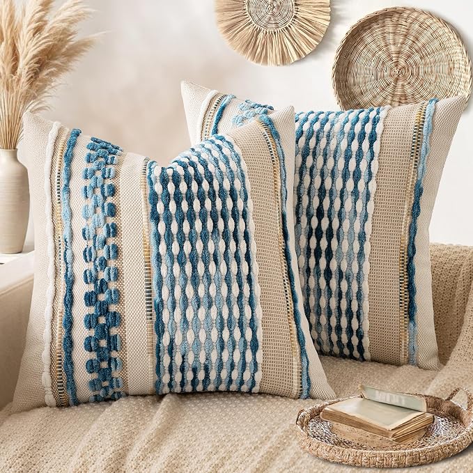 ANRODUO Boho Decorative Throw Pillow Covers Sky Blue Stripe 18x18 Pack of 2 | Throw Pillow Covers, Farmhouse Cushion Case, Chenille Pillow Cases, Coastal throw pillows, Neutral Pillowcase for Couch Bed