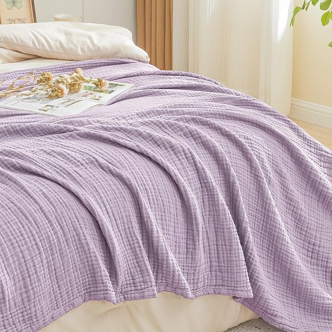 EMME Cotton Muslin Large Throw Blanket Couch Breathable Gauze Soft Lightweight Bed Blankets Adults (Heather Lavender, 50"x70")