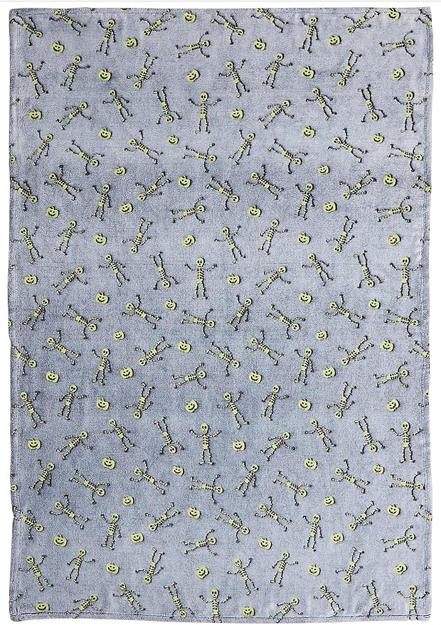 Halloween Glow in the Dark Throw Blanket: Skeletons and Jack O Lantern Pumpkins on Grey Velvet Fleece for Sofa Bed Couch Chair Dorm (Style 1)