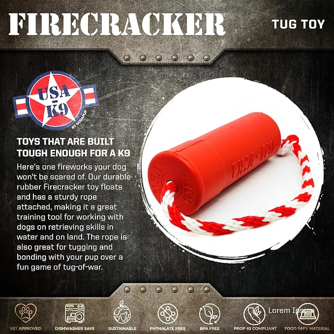 SodaPup USA-K9 Firecracker – Durable Dog Tug Toy & Floating Training Dummy Made in USA from Non-Toxic, Pet-Safe, Food Safe Natural Rubber for Water Retrieval, Bonding, Mental & Physical Exercise, More