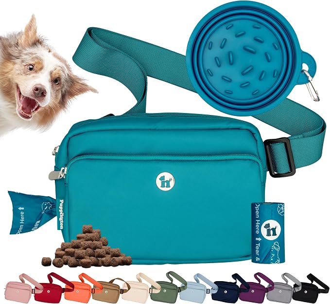 Puppington 3-in-1 Crossbody Bag & Dog Treat Pouch for Pet Training - Matching Compostable Poop Bags, Built-In Poop Bag Dispenser & Slow-Feeding Travel Dog Bowl - Dog Walking Bag (Lagoon Teal)
