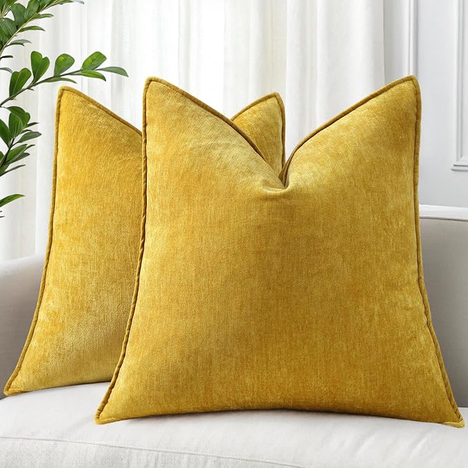 decorUhome Chenille Mineral Yellow Throw Pillow Covers 18x18 Set of 2 | Fall Soft Couch Decorative Modern Velvet Pillow Cases with Elegant Design for Sofa Bed Living Room Home Decor