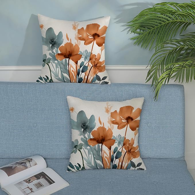 Floral Pillow Covers 18x18 Inches Set of 2 Blue Orange Floral Throw Pillow Cover Outdoor Decor Rustic Orange Flower Decoration Pillowcase Farmhouse Decorative Linen Cushion Cover For Sofa Couch
