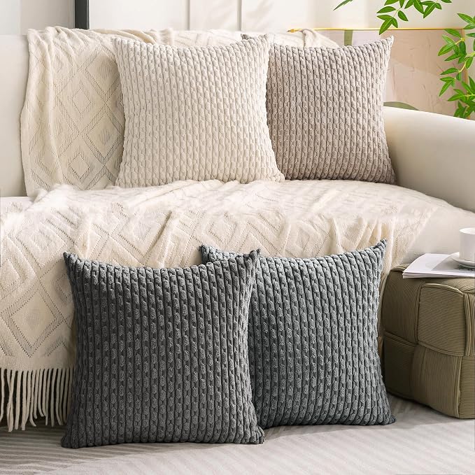 Set of 4 Grey White Taupe Decorative Throw Pillow Covers 16x16 Inch Corduroy Pillow Covers for Bed Couch Sofa Living Room Soft Square Cushion Cases