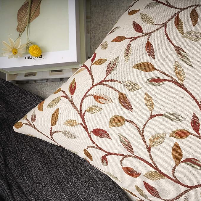 YOUR SMILE Classical Embroidery Jacquard Beige Leaf Pattern Square Decorative Throw Pillow Case Cushion Cover 18 x 18 inch