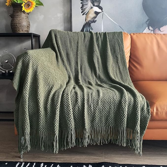 LOMAO Knitted Throw Blanket with Tassels Bubble Textured Lightweight Throws for Couch Cover Home Decor (Dark Olive, 60x90)