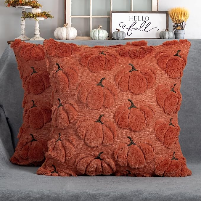 Fall Pumpkins Decorative Pillow Covers 18x18 Set of 2, Dark Rust Red Soft Plush Faux Fur Wool Farmhouse Throw Cushion Cases for Autumn Thanksgiving Holiday Home Decorations
