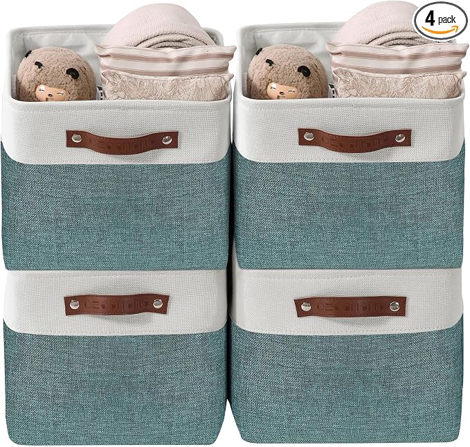 DECOMOMO Storage Bins, Large Fabric Storage Baskets for Shelves 4 Pack | 15 x 11 x 9.5 inches Decorative Linen Closet Organizers (Green & White)