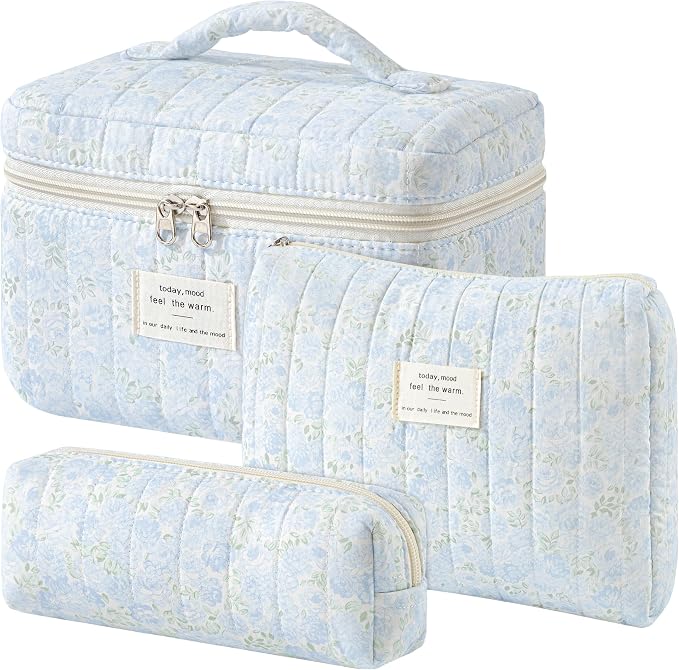 HBselect Quilted Makeup Bag, 3PCS Cotton Large Travel Makeup Bag, Cute Floral Coquette Make up Bag Cosmetic Bag Toiletry Bag for Women Girls