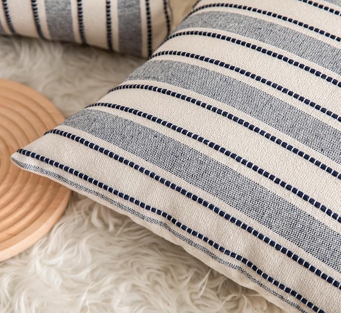 Cethom Decorative Boho Throw Pillow Covers, Farmhouse Textured Pillow Case, 22 x 22 Inch Set of 2, Chair Sofa Bedroom Living Room Decor Couch Cushion Case, Navy Blue and Beige Striped
