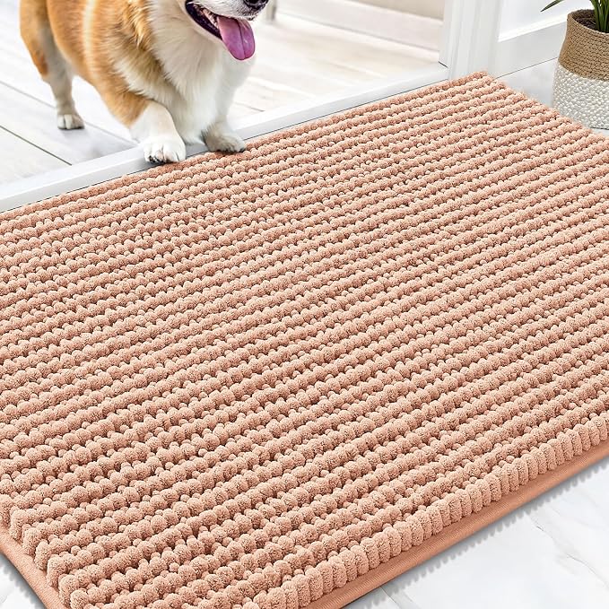 OLANLY Dog Door Mat for Muddy Paws 30x20, Extra Absorbent Chenille Mud Mat | Peach, Absorbs Moisture and Dirt, Non-Slip Machine Washable Doormat, Quick-Drying Indoor Entryway Floor Mat for Dogs