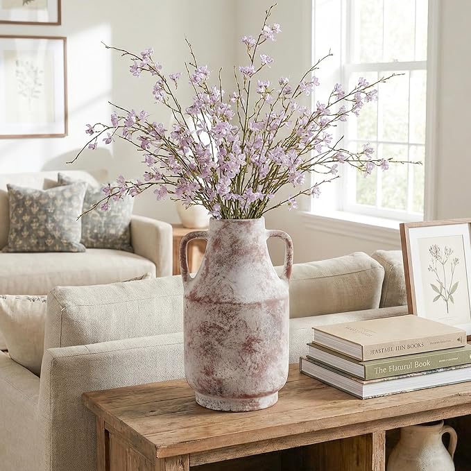 Ceramic Flower Vase with Handles, 11 Inch Tall Rustic Vase, Large Terracotta Pottery Vase for Home Decor, Farmhouse Decorative Vase for Living Room Kitchen Table Shelf Bedroom Decor