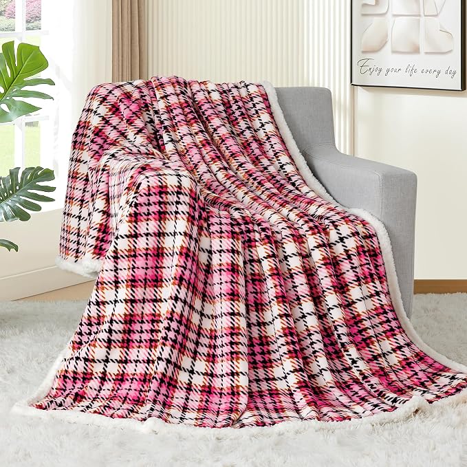 Sherpa Plaid Throw Blanket, 60" X 70" Fuzzy Fluffy Cozy Soft Blanket, Fleece Flannel Plush Twin Size Microfiber Blanket for Couch Bed Sofa, Black&Pink