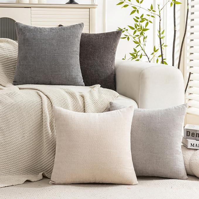 Set of 4 Soft Textured Decorative Throw Pillow Covers 16x16 Inch Cozy Farmhouse Cushion Cover Square Accent Pillow Cases for Bed Couch Sofa Living Room, Grey Series