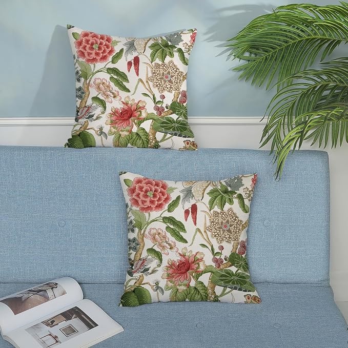 Sage Green Pink Pillow Covers 18x18 Inch Set of 2 Vintage Pink Floral Throw Pillows Chinoiserie Flower Decorative Pillow Case Outdoor Linen Farmhouse Cushion Cover for Couch Sofa Decorations