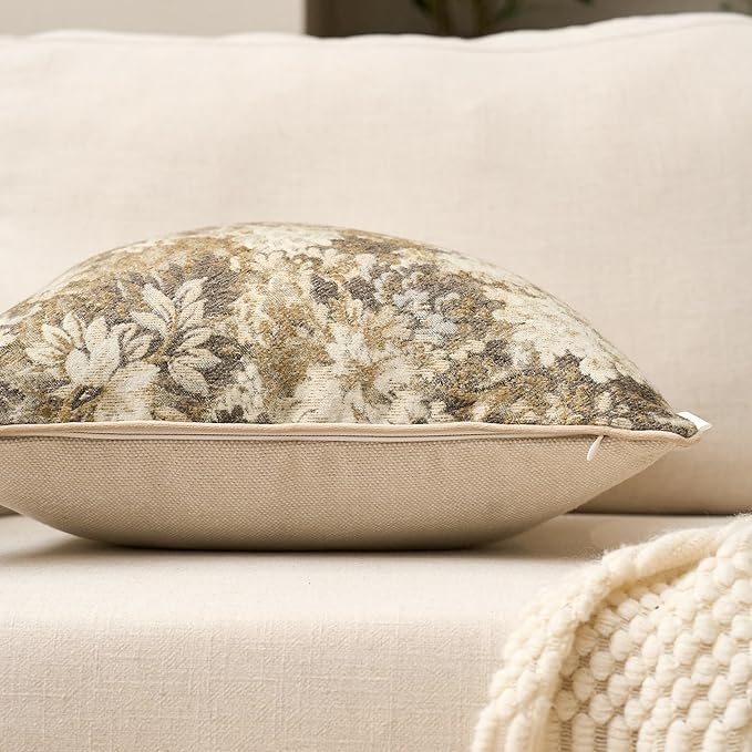 Neutral Floral Pillow Cover 20 x 20 Inches, Vintage Chenille Square Throw Pillow Cover Soft Decorative Farmhouse Accent Couch Pillow Cover for Living Room Bedroom, Beige