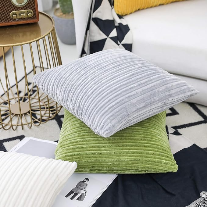UGASA Velvet Pillow Covers Striped, Decorative Throw Cushion Case with Hidden Zipper for Home Couch/Bedroom/Car, Soft Cozy Solid Square, 1 Pack (24"x24", Light Grey)