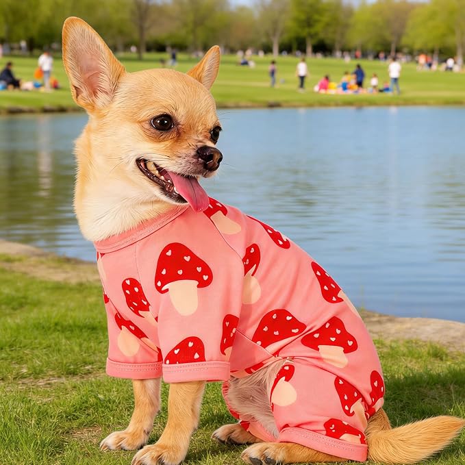 Dog Pajamas Summer Cute Print Puppy Jumpsuit Thin Dog Onesie Small Dog Clothes with Comfy & Elastic Frbic Puppy Pjs(Peach Mushroom,X-Small)