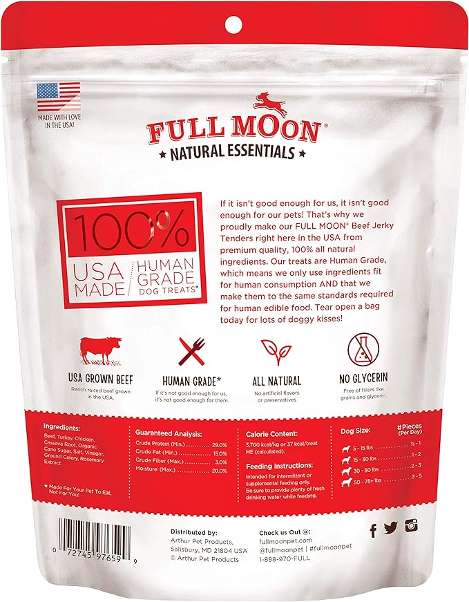 Full Moon® Essential Beef Jerky Tenders Dog Treats 24 oz | Human Grade, No corn, No wheat, No soy, Glycerin Free, Made in the USA