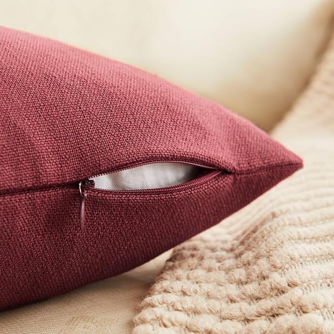 Rustic Linen Throw Pillow Covers Set of 2, Burgundy 24x24in | Textured Pillow Case, Rustic Cotton Linen Fabric, Modern Farmhouse Cushion Covers for Sofa Bed Living Room Home Decor