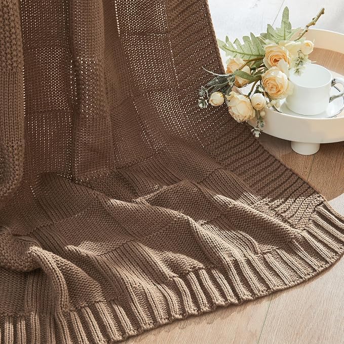 CozeCube Light Brown Knitted Checkered Throw Blanket 50"X60" | Check Knit Throw for Couch, Decorative Christmas Soft Cozy Warm Blanket for Bed Sofa Living Room