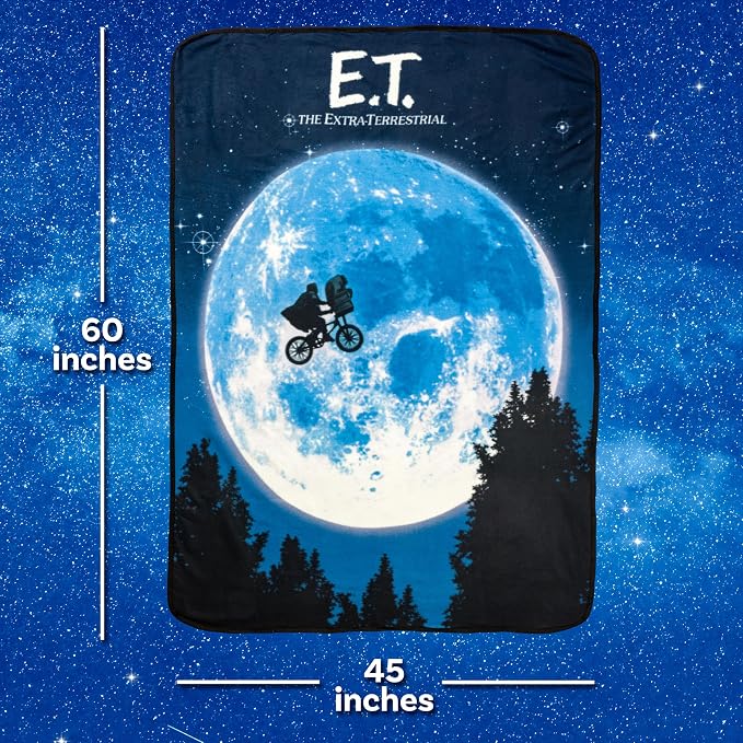 Silver Buffalo ET The Extra-Terrestrial, Fleece Throw Blanket, 45x60in | Movie Poster, Moon, Bike, Soft and Cozy, 180 GSM