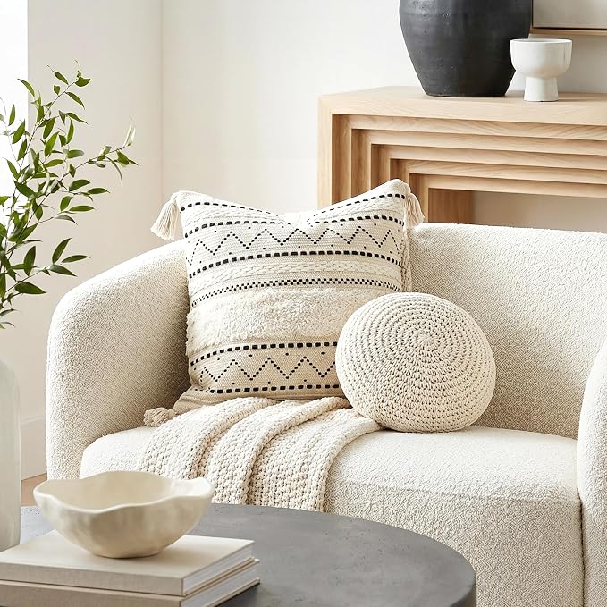 20X20 Throw Pillow Cover, Cream Neutral Square Decorative Cushion Cover with Black Pattern, Boho Accent Pillowcase with Tufted Details and Tassels for Couch Sofa Living Room (Cover Only)