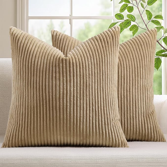 Mecatny Corduroy Fall Decorative Throw Pillow Covers 22x22 Set of 2 Khaki | Soft Striped Texture, Hidden Zipper Design, Neutral Boho Square Pillow Cases for Sofa Couch Living Room Bedroom, Home Décor
