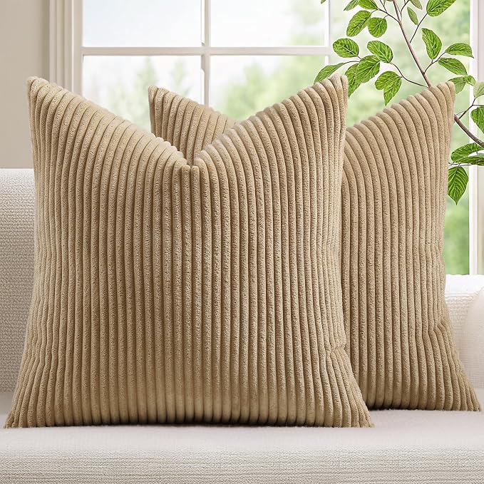 Mecatny Corduroy Fall Decorative Throw Pillow Covers 18x18 Set of 2 Khaki | Soft Striped Texture, Hidden Zipper Design, Neutral Boho Square Pillow Cases for Sofa Couch Living Room Bedroom, Home Décor