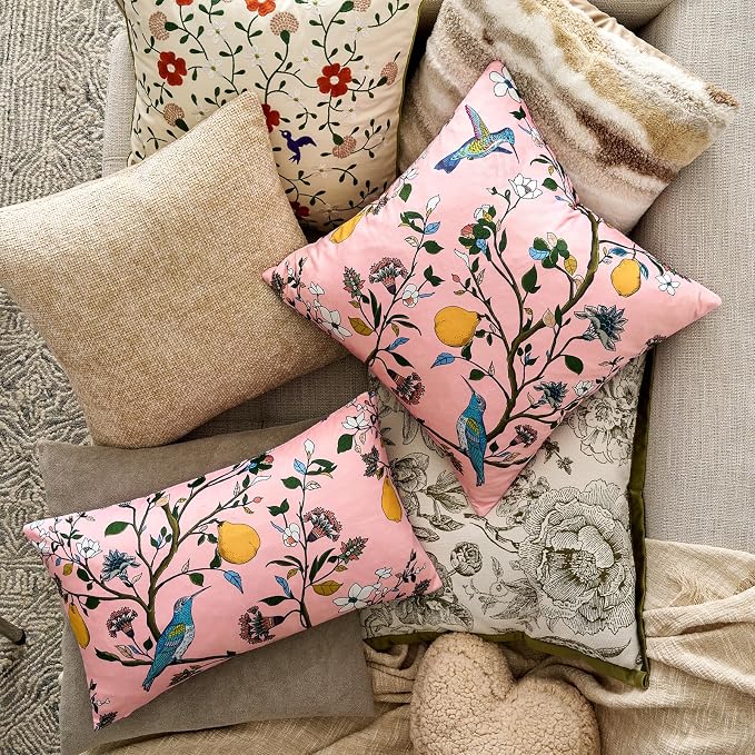 MUSSEL Light Pink Velvet Floral Decorative 20x20 Pillow Covers Set of 2 | Durable Sturdy,Botanical Printed Pattern,Throw Pillows Case,Square,Colorful Mid Century Cushion Covers,Sofa Couch Decor