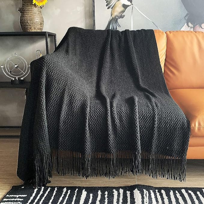 LOMAO Knitted Throw Blanket with Tassels Bubble Textured Lightweight Throws for Couch Cover Home Decor (Black, 60x80)