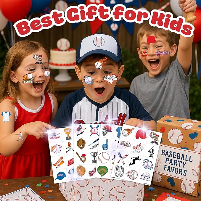 96PCS Baseball Pre-Cut Temporary Tattoos for Kids - Sports Birthday Party Favors, Baseball Party Supplies, Goodie Bag Fillers, School Prizes for Boys & Girls