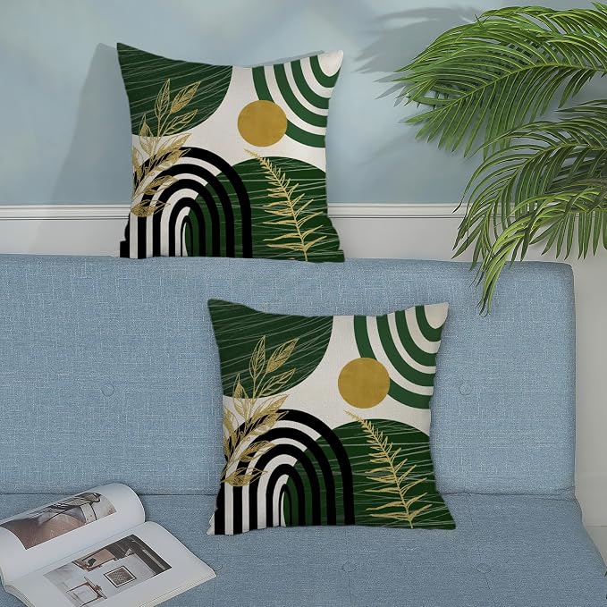 Boho Green Pillow Covers 18x18 Set of 2 Green Gold Leaf Tropical Decor Mid Century Throw Pillows Outdoor Bohemian Decorative Pillowcase Farmhouse Abstract Modern Cushion Case for Couch Sofa