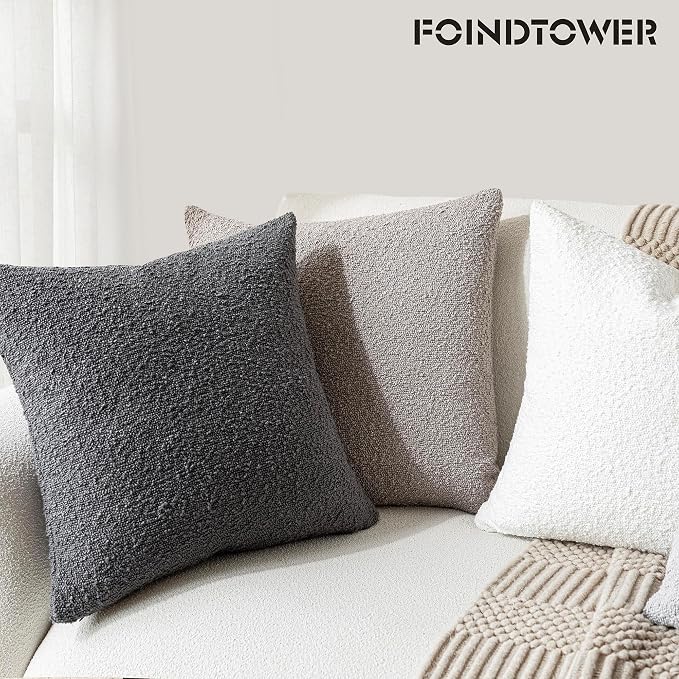 Foindtower Pack of 2 Textured Boucle Throw Pillow Covers Accent Solid Decorative Pillow Cases Cozy Woven Couch Cushion Case for Sofa Bedroom Living Room Home Decor, 18 x 18 Inch,Neutral Grey