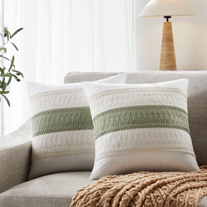 2pk Boho Pillow Covers 18x18, Natural White/Contrast/Green | 100% Organic Cotton Body, Stripe Embroidery, Farmhouse Decorative Cushion Covers for Sofa Bed Living Room Home Decor