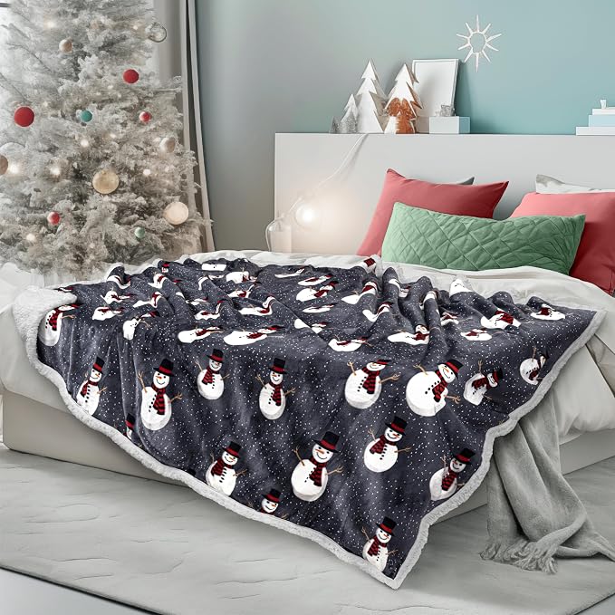 PAVILIA Premium Christmas Sherpa Throw Blanket, 60x80, Grey Snowman Cozy Fleece Holiday Blanket, Reversible Plush Winter Throw for Couch & Bed, Ultra Soft Warm Christmas