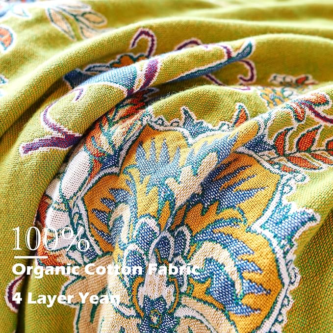 VANJOROY Boho Throw Blanket 80" x 90", 100% Organic Cotton Breathable Ultra Soft Bed Quilt Throw - All Season Luxury Floral Farmhouse Decor Blanket for Sofa Couch Chair and Gift. Green/Blue