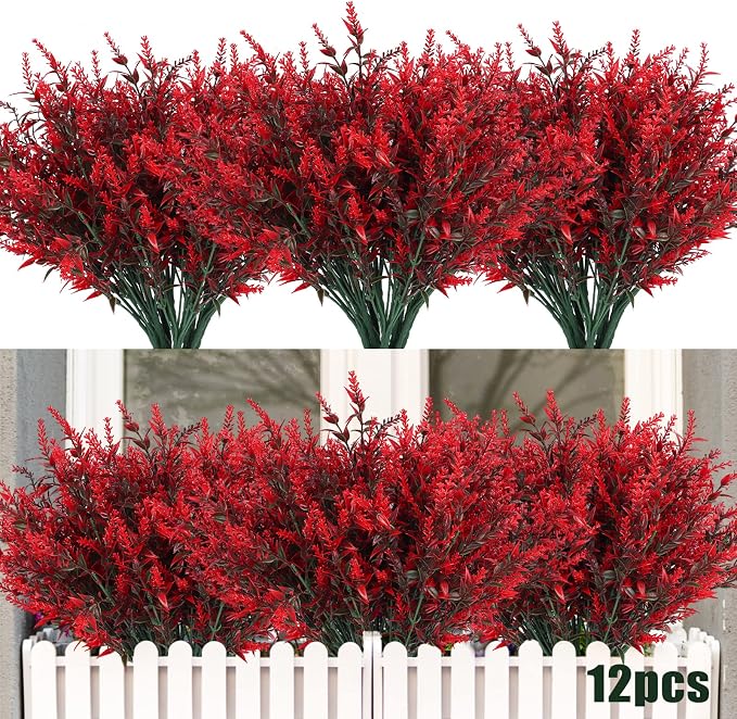 RECUTMS 12 Bundle Artificial Flower Outdoor Fake Red Flowers for Decoration | Fall Mums Decor,UV Resistant No Fade Faux Plastic Plants Garden Porch Window Box Décor,Flores Artificiales Para Decoracion