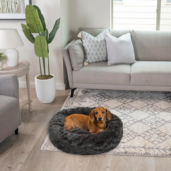 Best Friends by Sheri Original Calming Donut Dog Bed, Mink Dark Gray, 23" | Machine Washable, Lux Faux Fur, Orthopedic Support, Sense of Security, Water-Resistant Base, Small Dogs Up to 25 lbs