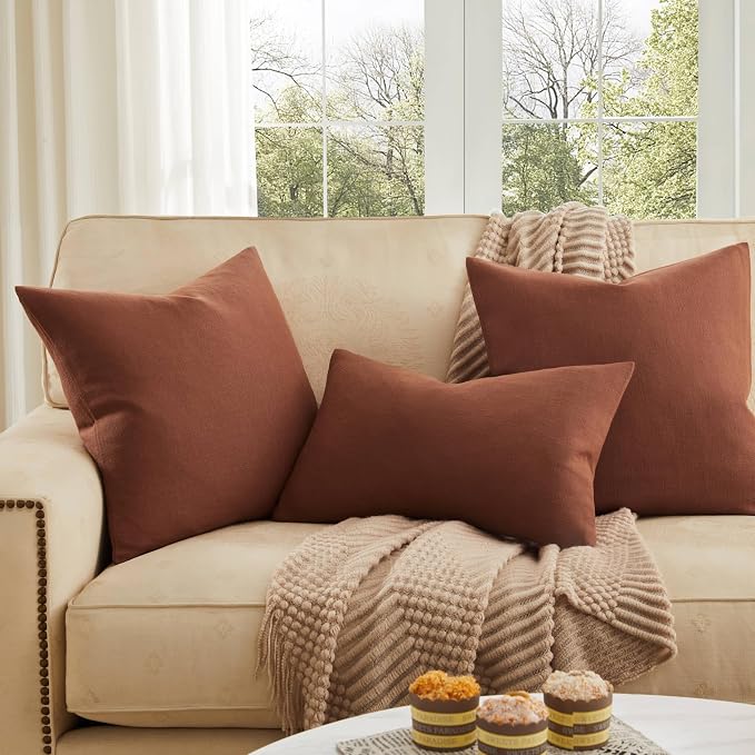 Rustic Linen Throw Pillow Covers Set of 2, Terracotta 20x20in | Textured Pillow Case, Rustic Cotton Linen Fabric, Modern Farmhouse Cushion Covers for Sofa Bed Living Room Home Decor