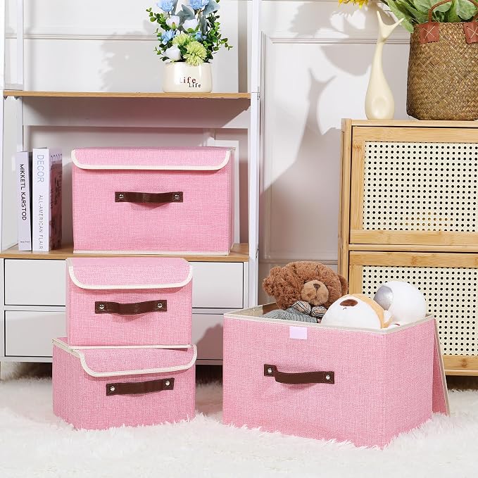 ANMINY Fabric Storage Box Bins with Lids, Pink, 15"x10"x10" | Keepsake Memory Storage, Cotton Linen, PP Board Reinforced, Washable, PU Handles, Foldable & Stackable, Decorative, Large