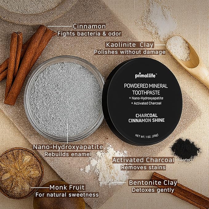 Primal Life Organics - Dirty Mouth Toothpowder, Flavored Essential Oils with Natural Kaolin & Bentonite Clay, Organic, Vegan (1 Ounce (Pack of 1), Charcoal Cinnamon)