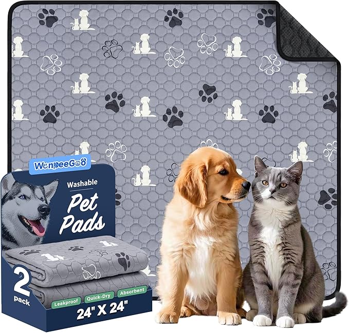WanpeeGoo Washable Pee Pads for Dogs, Waterproof, 24 x 24 in, 2 Pack, Gray | Super Absorbent, Waterproof and Non-Slip; Washable, Reusable Dog Pads for Crates, Playpens, Floors, Furniture and Travel