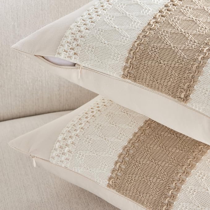 2 Pack Boho Throw Pillow Covers, Contrast Taupe 22x22in | Soft Breathable Cotton, Farmhouse Decorative Couch Pillow Cases, Cushion Covers for Sofa Bed Living Room Home Decor