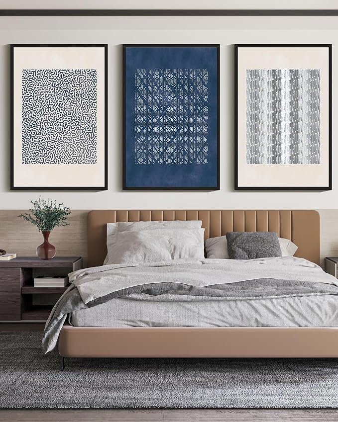 Drsoum Blue Mid-Century Modern Framed Wall Art Large 24x36in Minimalist Abstract Boho Wall Decor Geometric Artwork Kitchen Dining Room Black Framed