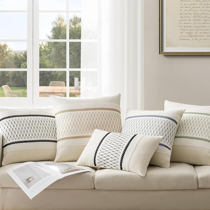 2 Pack Boho Lumbar Pillow Covers, Grid Green 12x20in | Soft Breathable Cotton, Farmhouse Decorative Couch Pillow Cases, Cushion Covers for Sofa Bed Living Room Home Decor