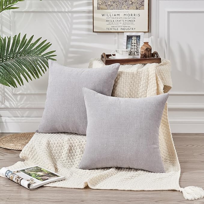 GAWAMAY Decorative Chenille Throw Pillow Covers 26x26 Inch Pack of 2, Soft Square Couch Pillow Cover for Sofa Cushion Living Room Bedroom Oversized Pillowcases Light Grey 66x66cm (ONLY Covers)