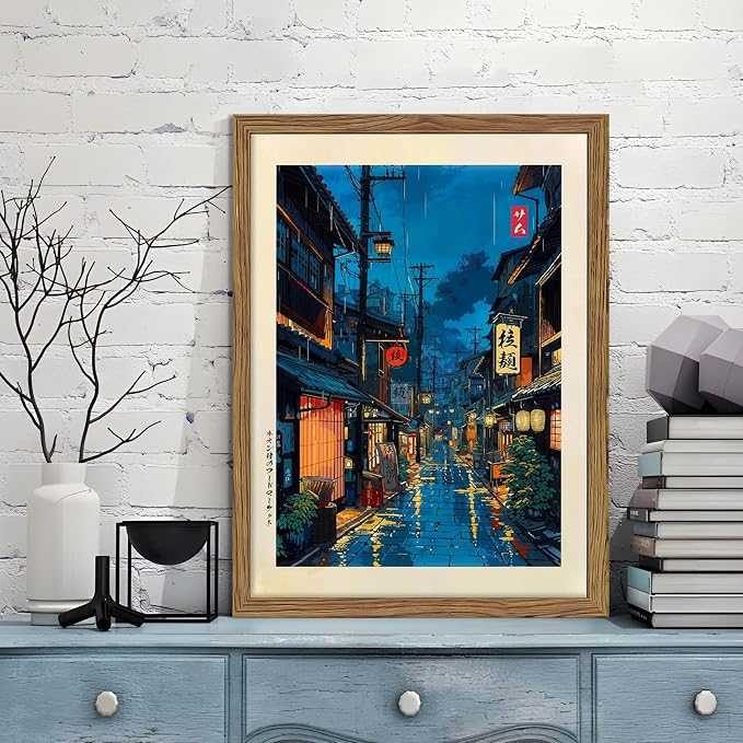 Framed Japanese Wall Art, Asian Tokyo Tea House Canvas Wall Decor Painting, Cool Japanese Night Posters Prints Pictures for Bedroom Living Room Bathroom Home Decor 16x24 Inch